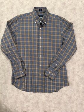 Peter Millar Blue and Tan Plaid Button-Down Shirt